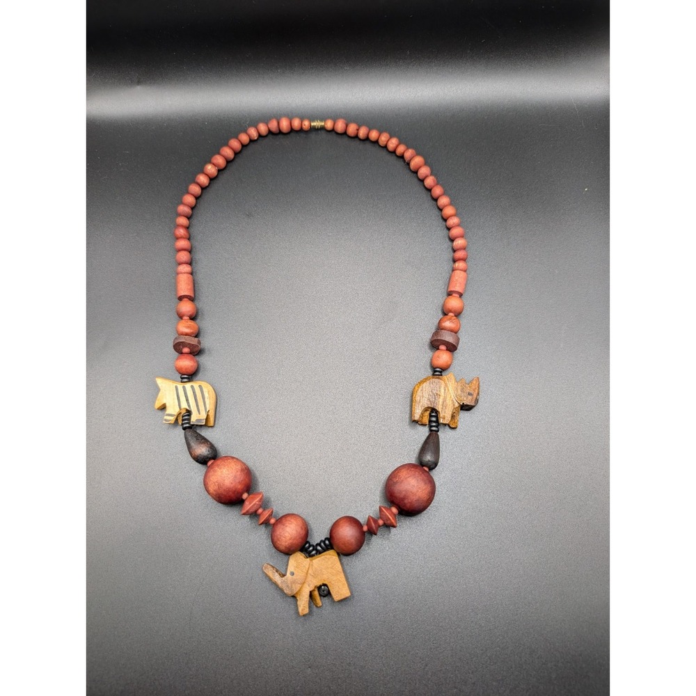 Vintage 1980s Hand Carved Wood Safari Animal Necklace Elephant Zebra Rhino 29"